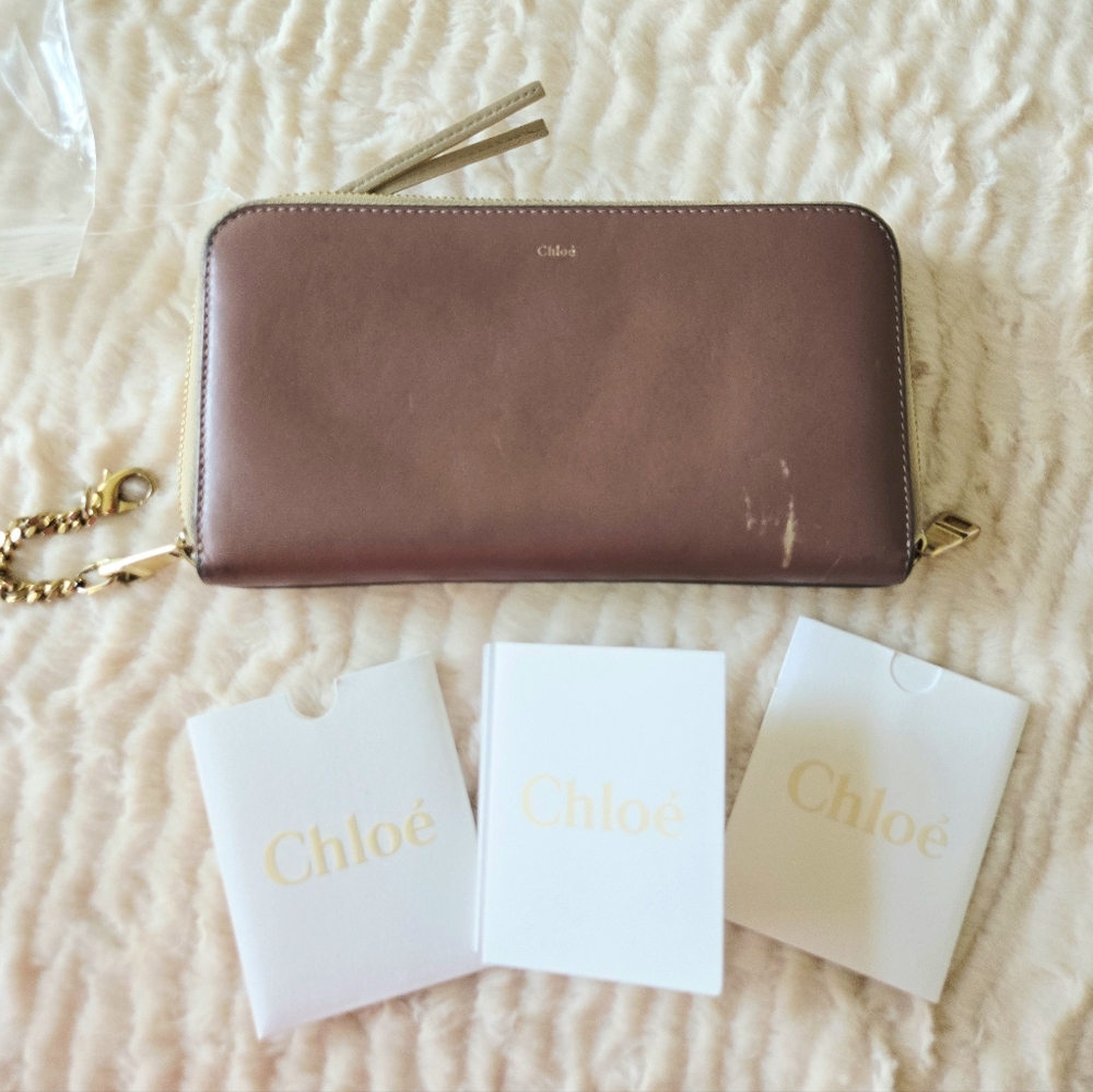 Authentic‎ CHLOE Zip Around Long Wallet Chain Lock Gold Clutch Card Holder